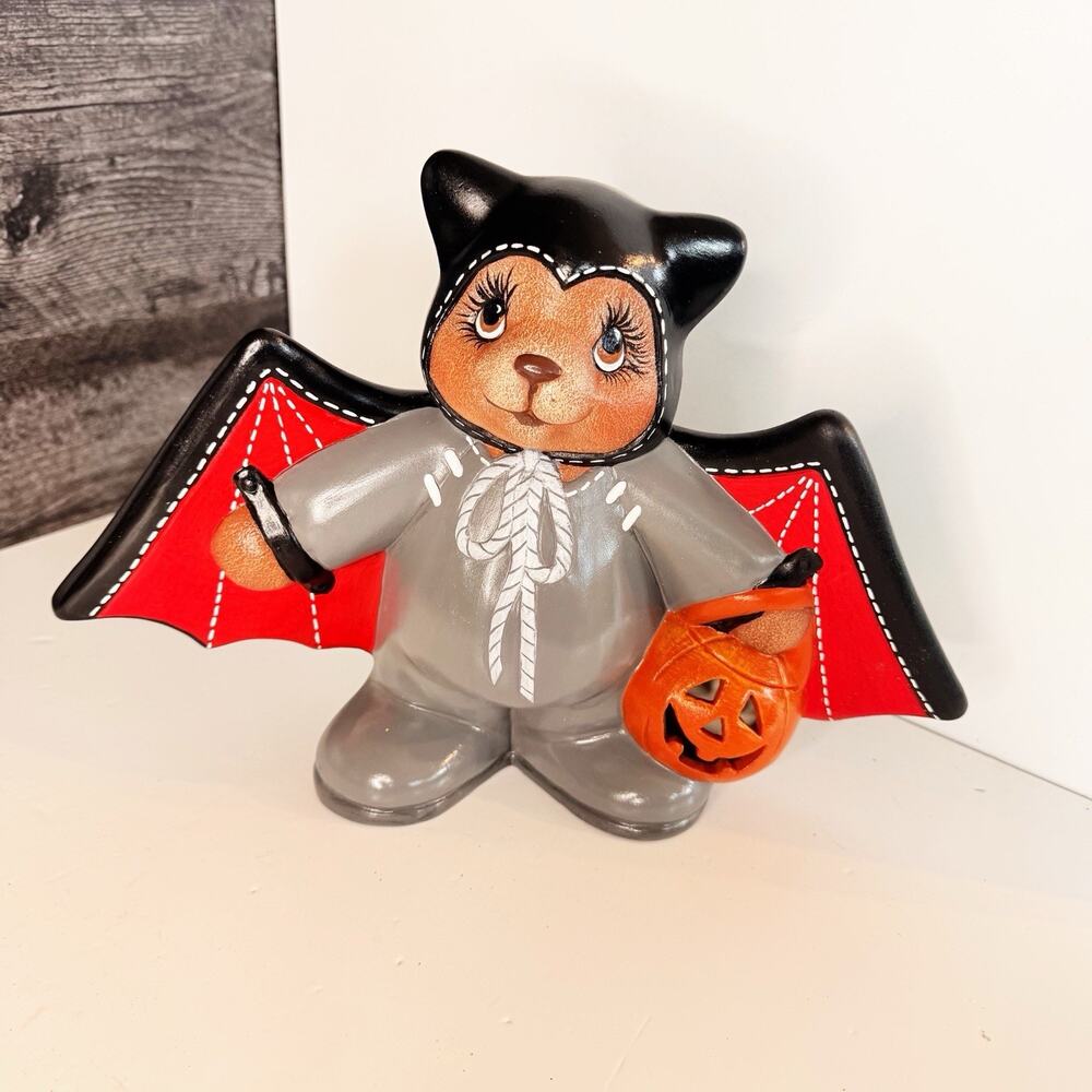 Vintage Halloween Ceramic Bear in Bat Costume Mold Figurine Statue 8" Kitschy - Picture 5 of 8